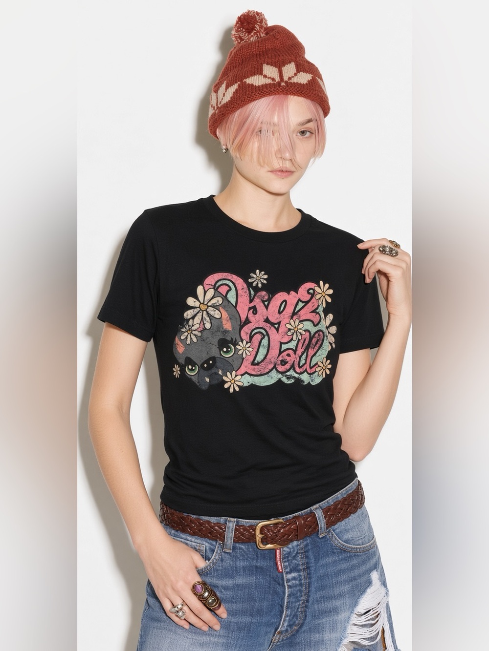 DSQUARED2 Black Tee with Pink logo and dog Graphic